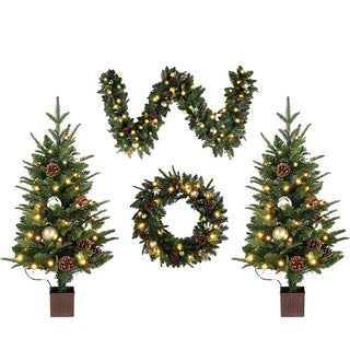 Pre-Lit LED Indoor/Outdoor Christmas Wreath, Garland and Two Trees | 4 Piece Set Battery Operated Timer