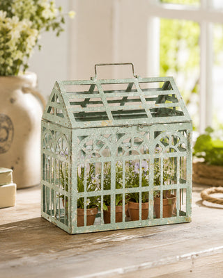 Outdoor/Indoor Green Metal Greenhouse Tabletop Terrarium Display Case
