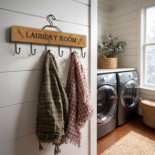 Laundry Room Wood Wall Hanger with 6 Metal Hooks - Farmhouse Storage Organizer