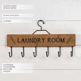 Laundry Room Wood Wall Hanger with 6 Metal Hooks - Farmhouse Storage Organizer