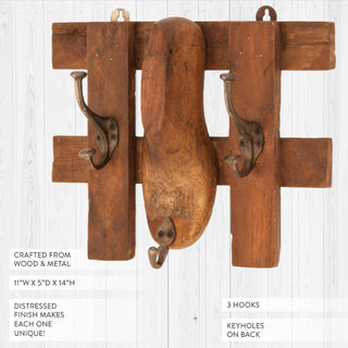 Distressed wood and metal three-hook wall rack