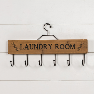 Laundry Room Wood Wall Hanger with 6 Metal Hooks - Farmhouse Storage Organizer