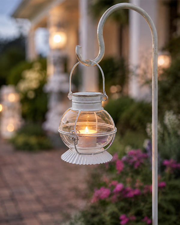 Aged White Solar Lantern Garden Display