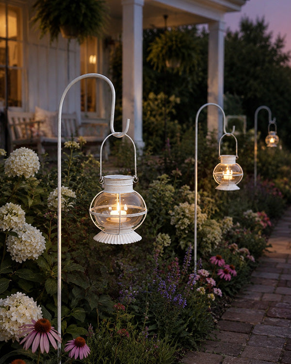 Aged White Solar Lantern Garden Display
