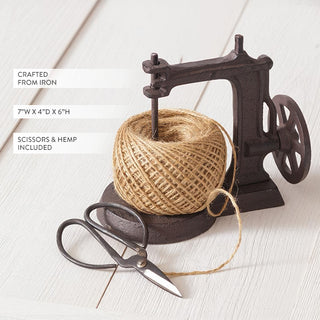 Vintage Cast Iron Sewing Machine String Holder with Hemp Twine and Scissors Set