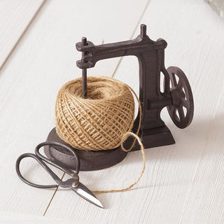 Vintage Cast Iron Sewing Machine String Holder with Hemp Twine and Scissors Set