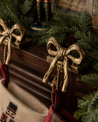 Cast Iron Bow Stocking Holders, Set of 4 Mantel Christmas Stocking Hangers