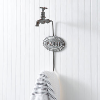 Farmhouse bath hook with faucet design and "BATH" plaque
