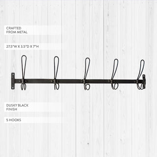 Product specifications showing black metal 5-hook wall rack with dimensions 27.5"W x 3.5"D x 7"H and dusky black finish crafted from metal