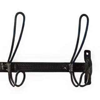 Close-up detail of black wire loop double hooks showing upper and lower hanging options on metal rail