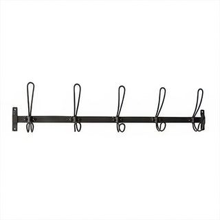 Full length view of black metal wall mounted coat rack with 5 wire loop hooks on white background