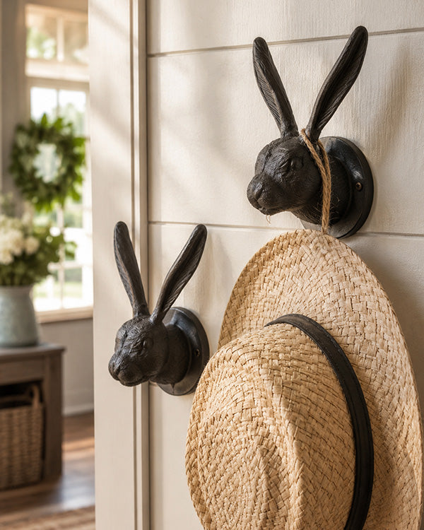 Rustic Cast Iron Rabbit Wall Hooks, Set of 2