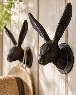 Rustic Cast Iron Rabbit Wall Hooks, Set of 2