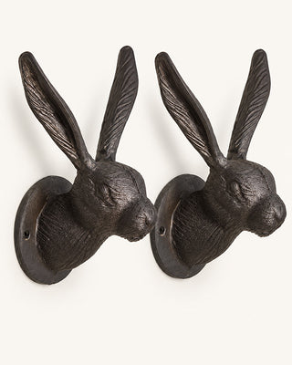 Rustic Cast Iron Rabbit Wall Hooks, Set of 2