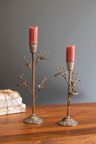 Antique Inspired Brass Flower Taper Candle Holders, Set of 2