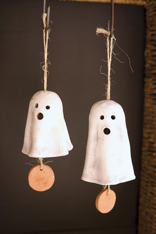 Handcrafted Clay & Sisal Ghost Hanging Chimes, Set of 2