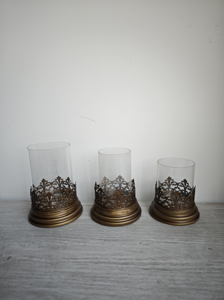 Brass Filigree-Crown Hurricane Candle Holders, Set of 3
