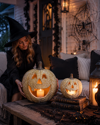 Vintage Inspired Jack-O-Lantern Statues Outdoor, Set of 2