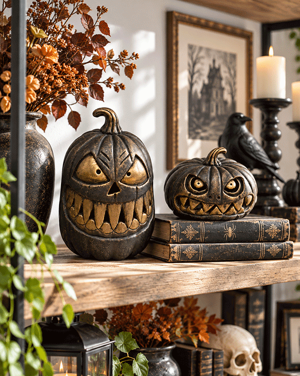 Fanged Bronze Light-Up Jack-O'-Lanterns, Set of 2