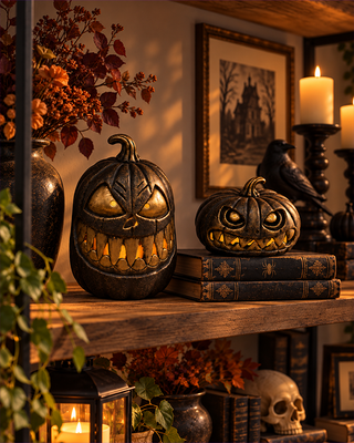Fanged Bronze Light-Up Jack-O'-Lanterns, Set of 2