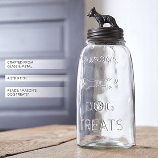 Glass dog treat jar with metal dog lid