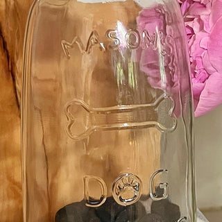 Embossed mason dog treat jar glass detail