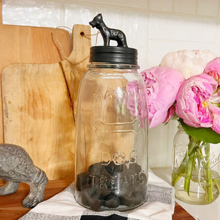 Glass dog treat jar styled on kitchen counter