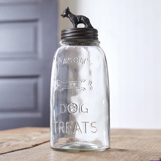 Clear mason jar labeled dog treats with lid