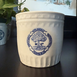 Top view of vintage Frameries Belgium stoneware pot with blue logo, rustic ceramic kitchenware