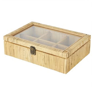 Glass-top jewelry box displaying necklaces rings and earrings through lid