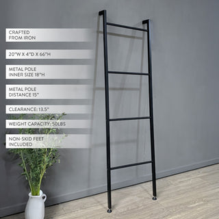 Black metal ladder against a gray wall with product details on the left.