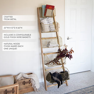 Wooden ladder shelf with five gold wire storage baskets