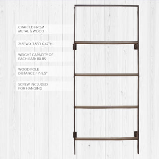 Metal and wood wall mounted blanket ladder product specifications showing 21.5 inch width and 47 inch height