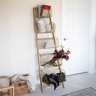 Wooden leaning ladder organizer with five gold finish wire baskets