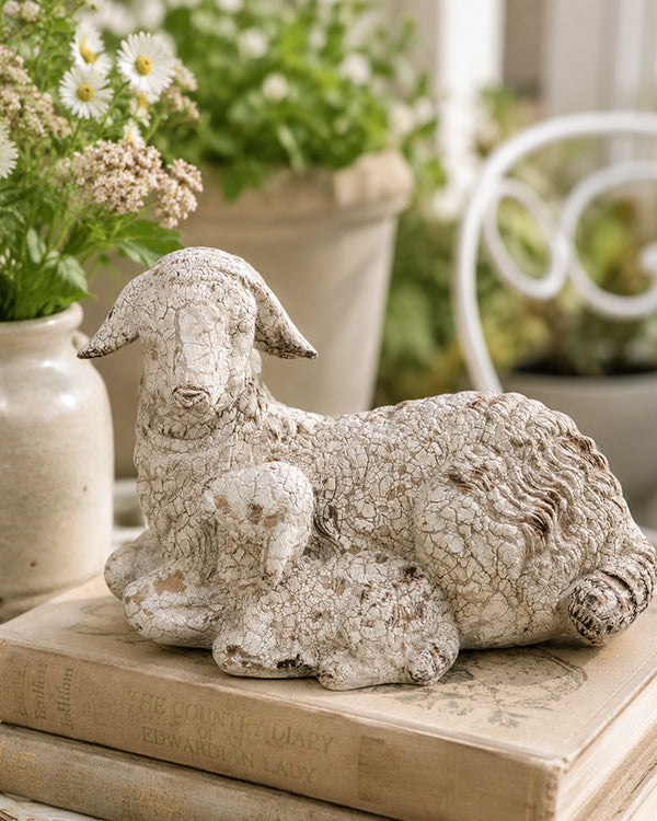 Distressed Ivory Lamb Figurine – Cottage Core Decor Accent