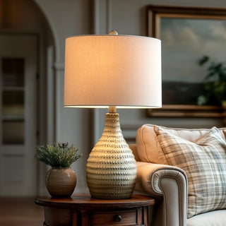 Textured ceramic table lamp with oatmeal shade