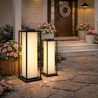 Modern solar lanterns lighting front porch entryway
