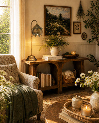 Vintage cottage living room with botanical floor lamp
