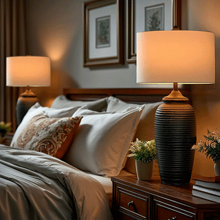 Bedroom nightstand with Charlotte matte black table lamp and white linen shade