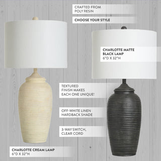 Charlotte cream lamp and matte black lamp comparison with textured poly resin base