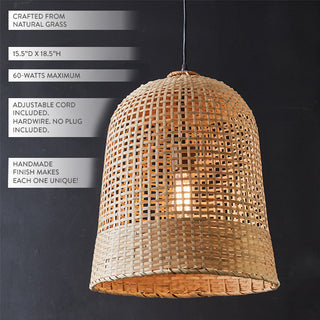 Natural grass pendant lamp shade close-up showing artisan weave texture