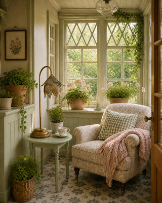 Floral reading nook with vintage botanical floor lamp