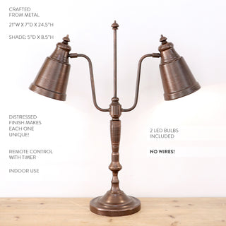 Cordless double arm desk lamp with remote control and timer specifications shown on white background