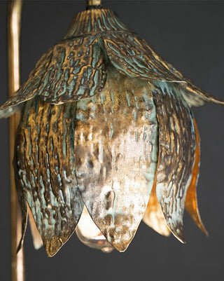 Antique brass petal shade floor lamp closeup