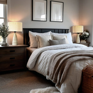 Neutral bedroom with matching ceramic bedside lamps