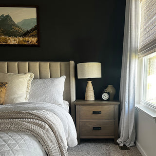 Cozy modern bedroom with ceramic table lamp decor