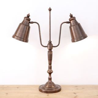 Front view of cordless bronze desk lamp with two adjustable LED light shades