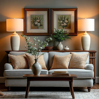 Living room with Charlotte cream lamps on console table