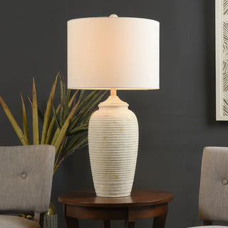 Charlotte cream lamp with linen shade on wooden side table
