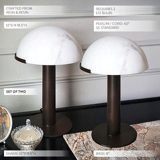 Set of two white dome mushroom lamps showing product dimensions and specifications